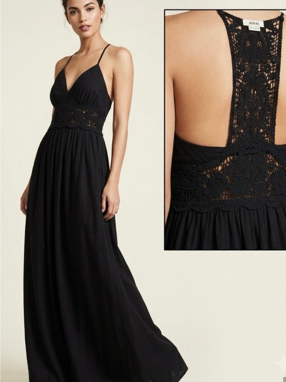 NWT Jason Wu black razorback linen crochet maxi dress in size XS